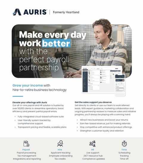 Auris payroll software ad showing man at desk with text promoting hire-to-retire business technology solutions