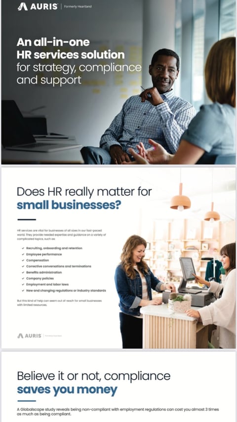 AURIS HR services marketing brochure showing business professionals in office settings discussing HR solutions and compliance benefits