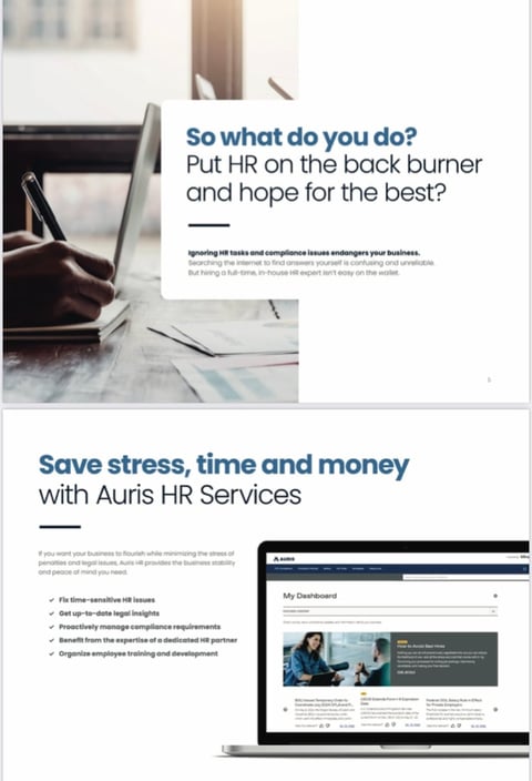 Marketing flyer for Auris HR Services showing laptop with workspace and dashboard interface promoting HR management solutions