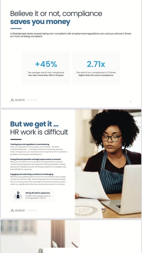 Infographic showing compliance cost statistics with data visualization and HR professional working at laptop